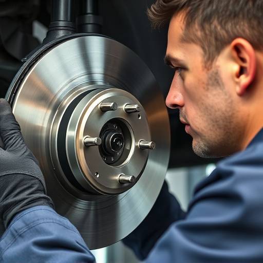 Close-up of a mechanic inspecting brake rotors and calipers during a brake service.