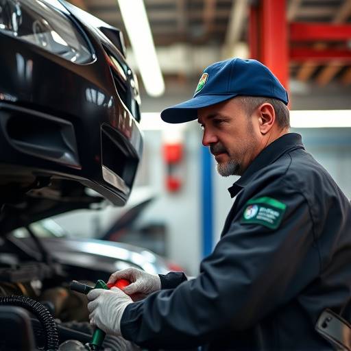 Mechanic performing an oil change on a car in the service bay.