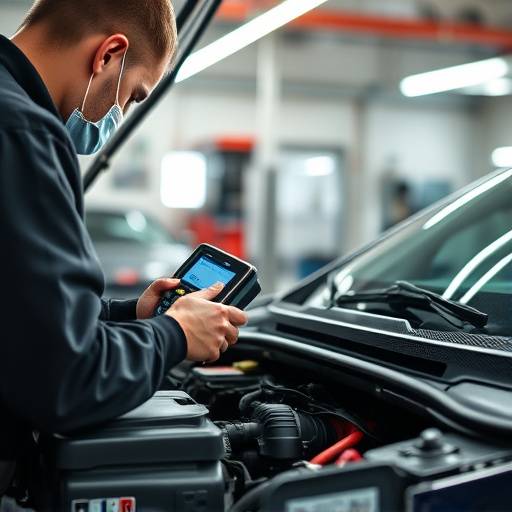 Mechanic using a diagnostic tool to check a car's engine performance.