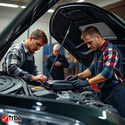 Two mechanics working on a car engine in a well-lit garage.